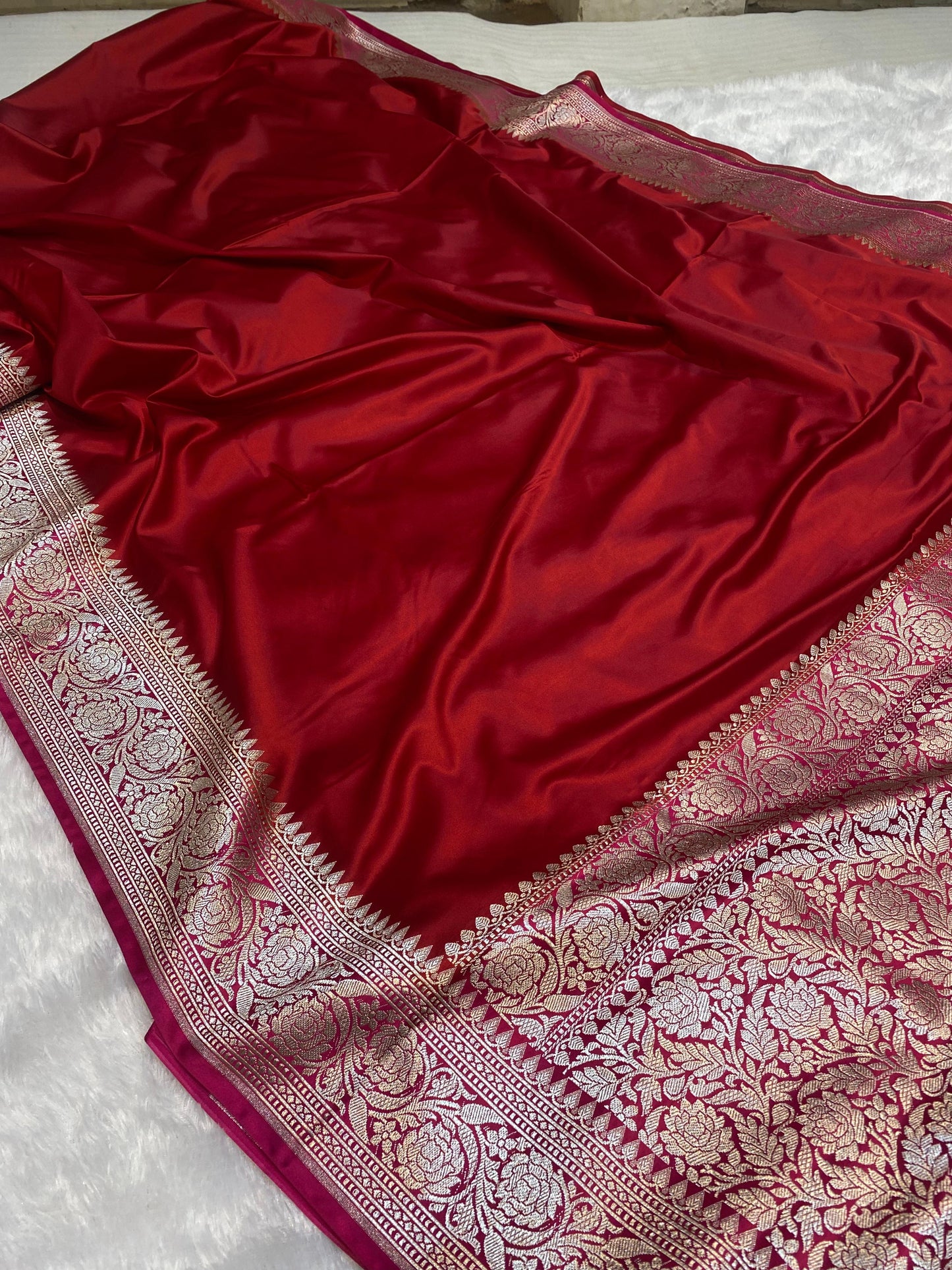 Mashru Silk Saree Rose Red with Rani Pink Color With Floral Border MSW47
