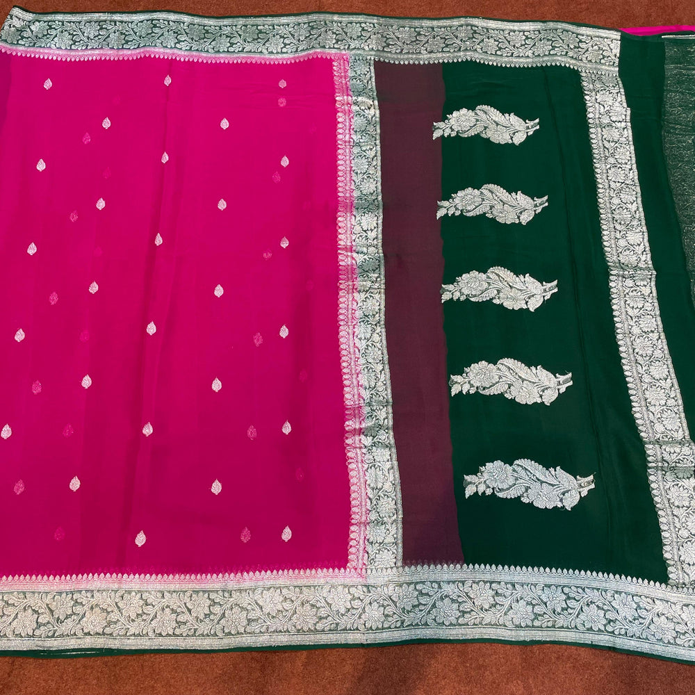 100% Pure Banarasi Khaddi Chiffon Silver Zari Kadwa Buti Handloom Saree Rani Pink With Bottle Green