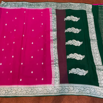 100% Pure Banarasi Khaddi Chiffon Silver Zari Kadwa Buti Handloom Saree Rani Pink With Bottle Green