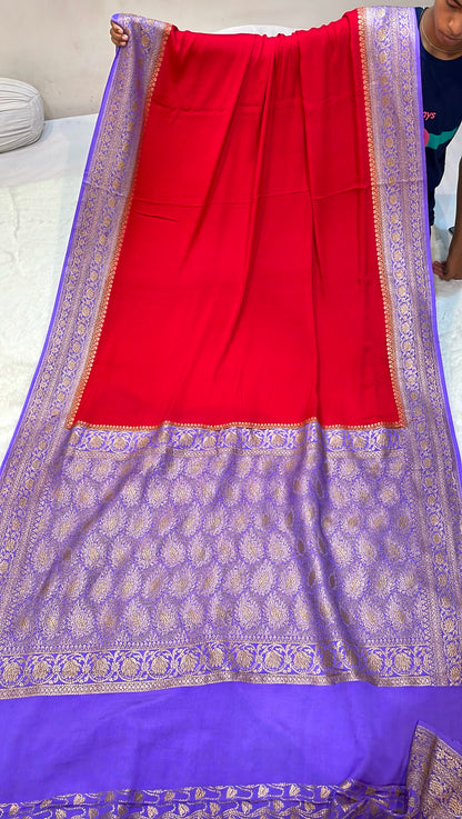 Pure Banarasi Khaddi Crape Silk Handloom Saree with Traditional Corners Red With Lavender