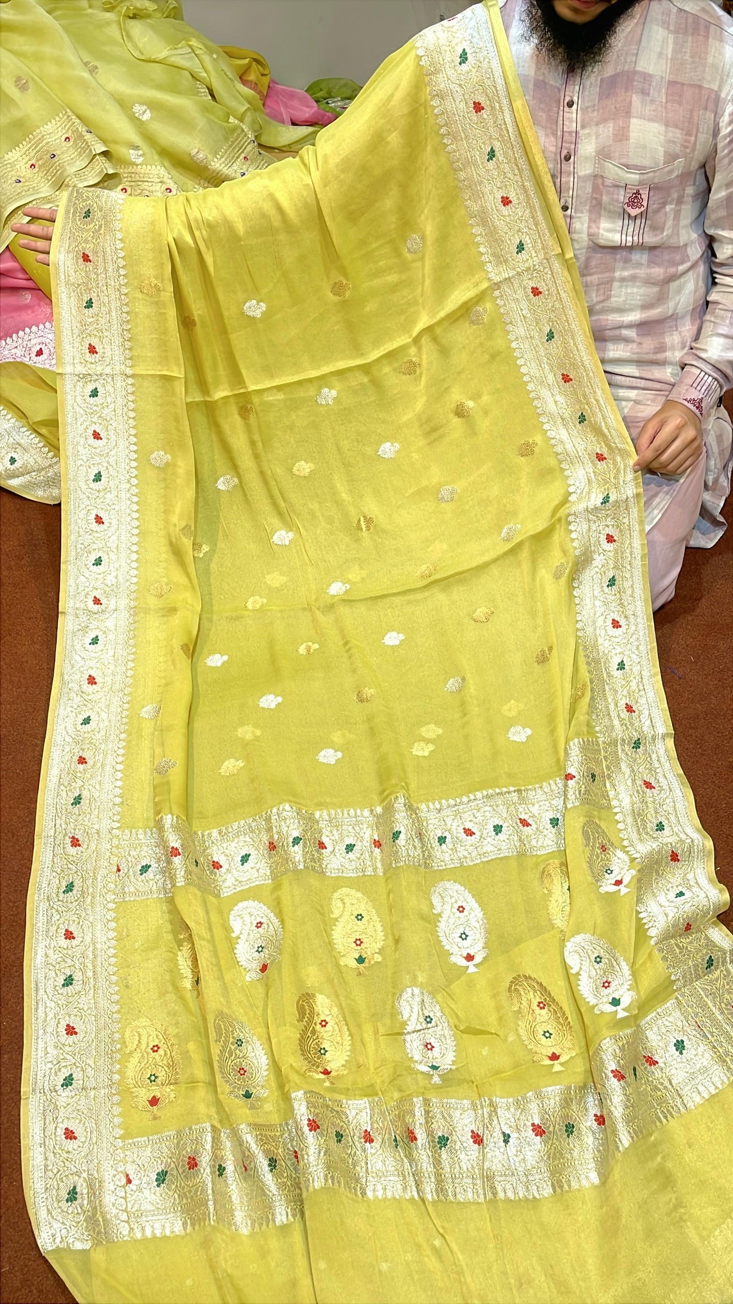 100% Authentic & Luxurious Pure Banarasi Khaddi Chiffon Tissue Saree Shimmering Yellow Colour