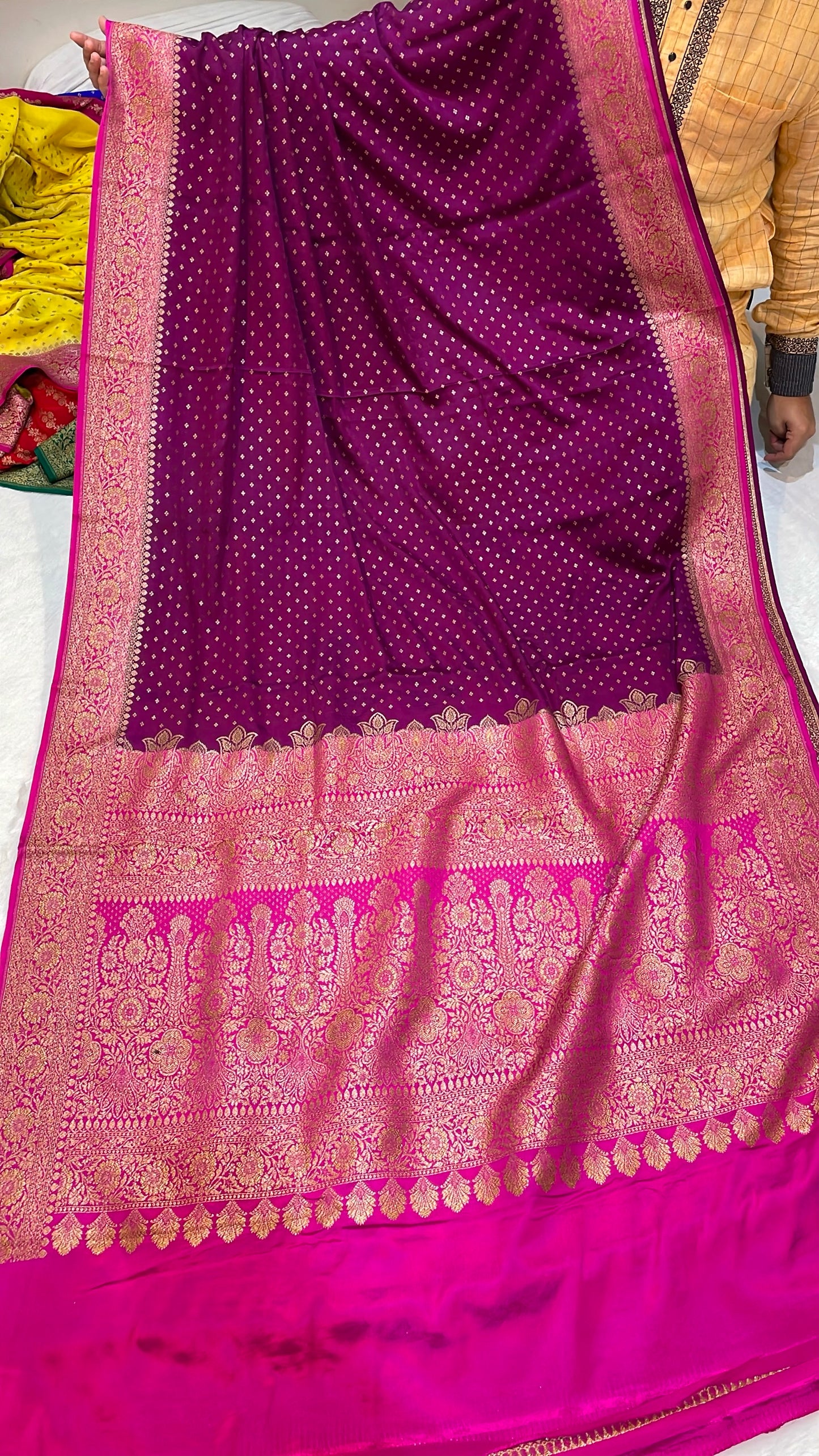 Pure Banarasi Khaddi Crape Silk Handloom Saree with Traditional Corners Purple With Rani Color