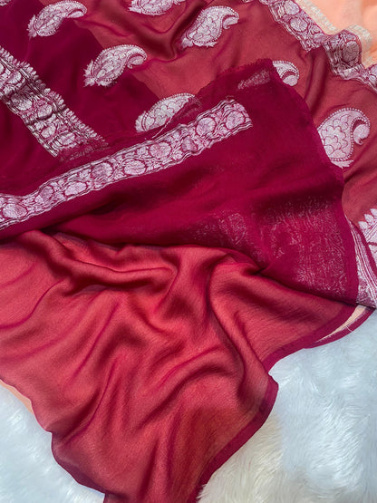100% Pure Banarasi Khaddi Chiffon Silver Zari Kadwa Buti Handloom Saree Peach Pink Colour