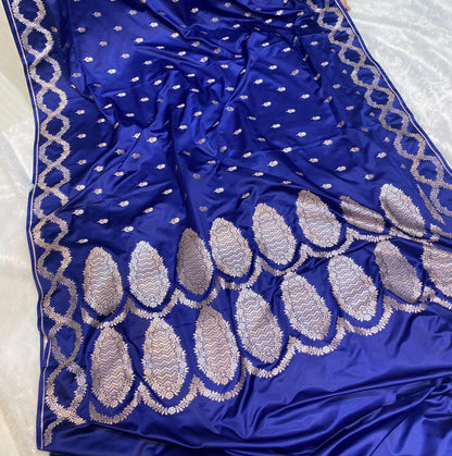Mashru Silk Saree Royale Blue Color With Floral Border All Over Flower Booti