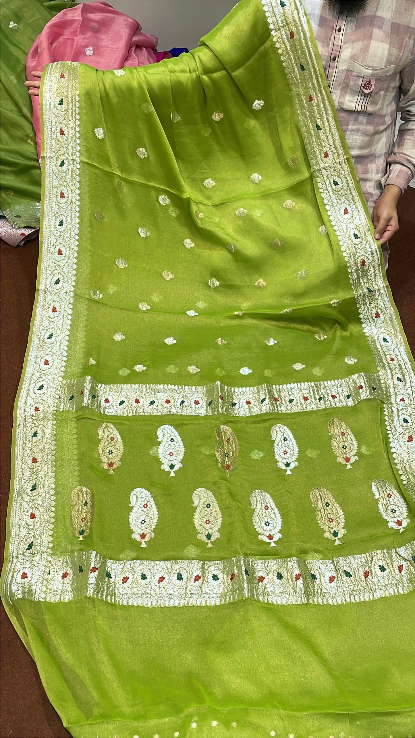 100% Authentic & Luxurious Pure Banarasi Khaddi Chiffon Tissue Saree Spring Pista Green Colour