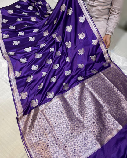 Mashru Silk Saree Monque Voilet Color With Floral Border Sona Rupa Zari Mina Buta MSW32