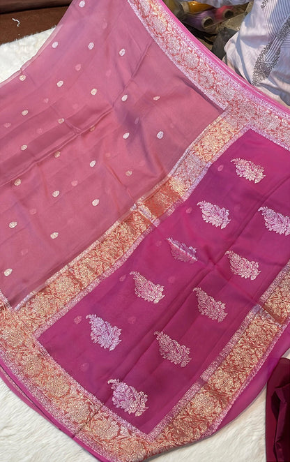 100% 3D Shades Pure Banarasi Khaddi Chiffon Silver Zari Kadwa Buti Handloom Saree