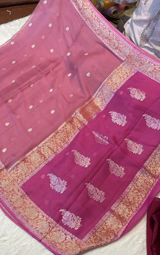 100% 3D Shades Pure Banarasi Khaddi Chiffon Silver Zari Kadwa Buti Handloom Saree