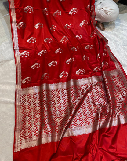 Mashru Silk Saree Imperial Red Glow Color With Floral Border All Over Mango Boota MSW25