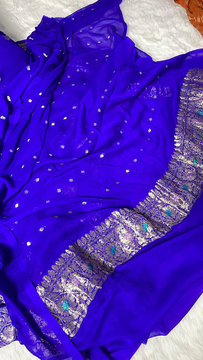 100% Authentic & Luxurious Pure Banarasi Khaddi Chiffon Georgette Saree Royal Blue Color