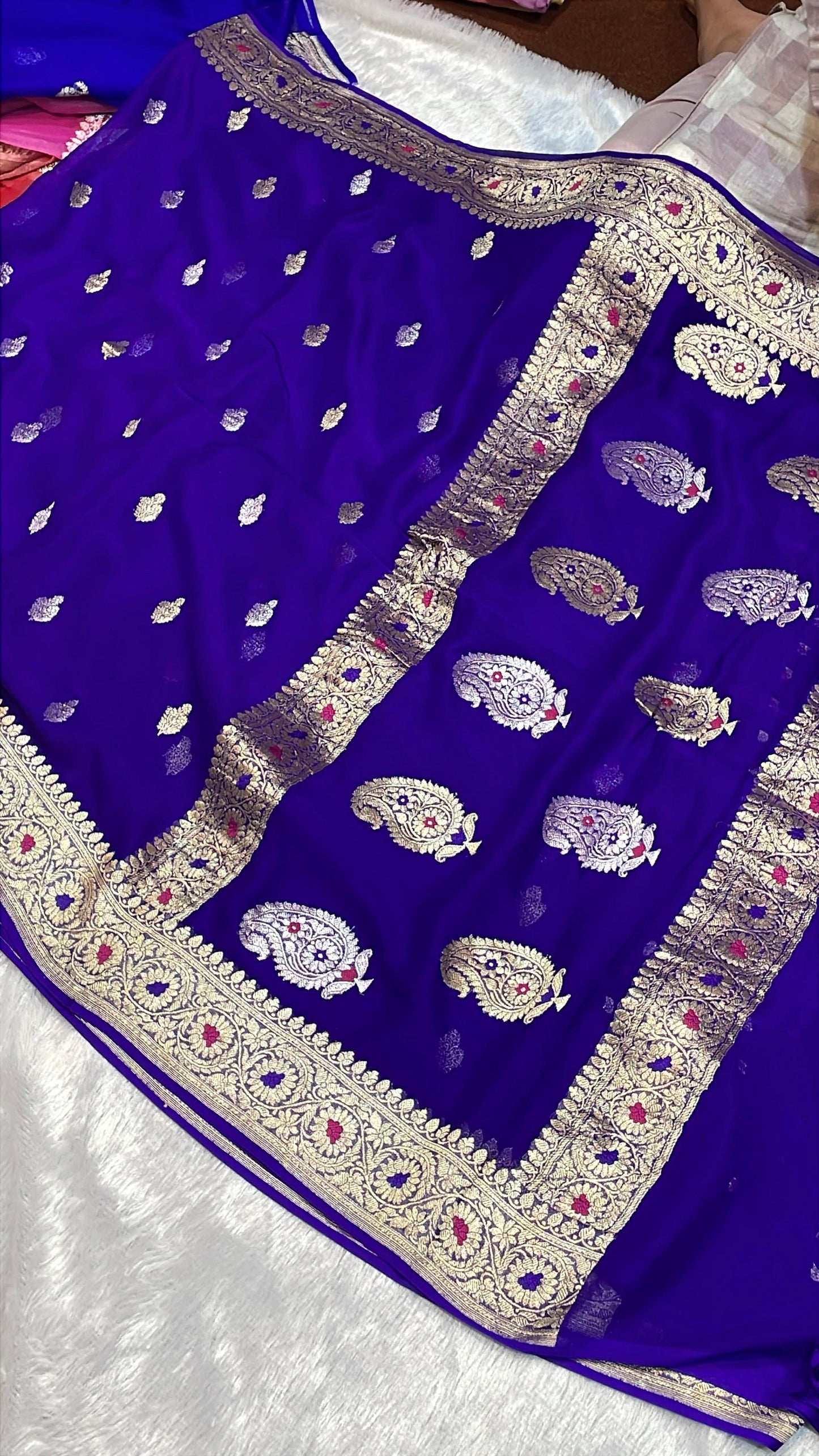 100% Authentic & Luxurious Pure Banarasi Khaddi Chiffon Georgette Saree Royal Violet Blue Colour