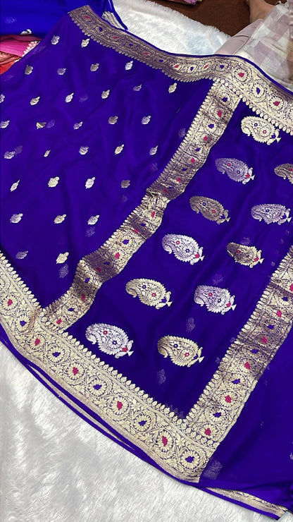 100% Authentic & Luxurious Pure Banarasi Khaddi Chiffon Georgette Saree Royal Violet Blue Colour