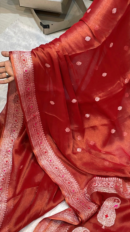100% Authentic & Luxurious Pure Banarasi Khaddi Chiffon Tissue Saree Rust Red Colour