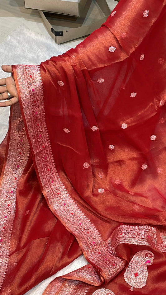 100% Authentic & Luxurious Pure Banarasi Khaddi Chiffon Tissue Saree Rust Red Colour