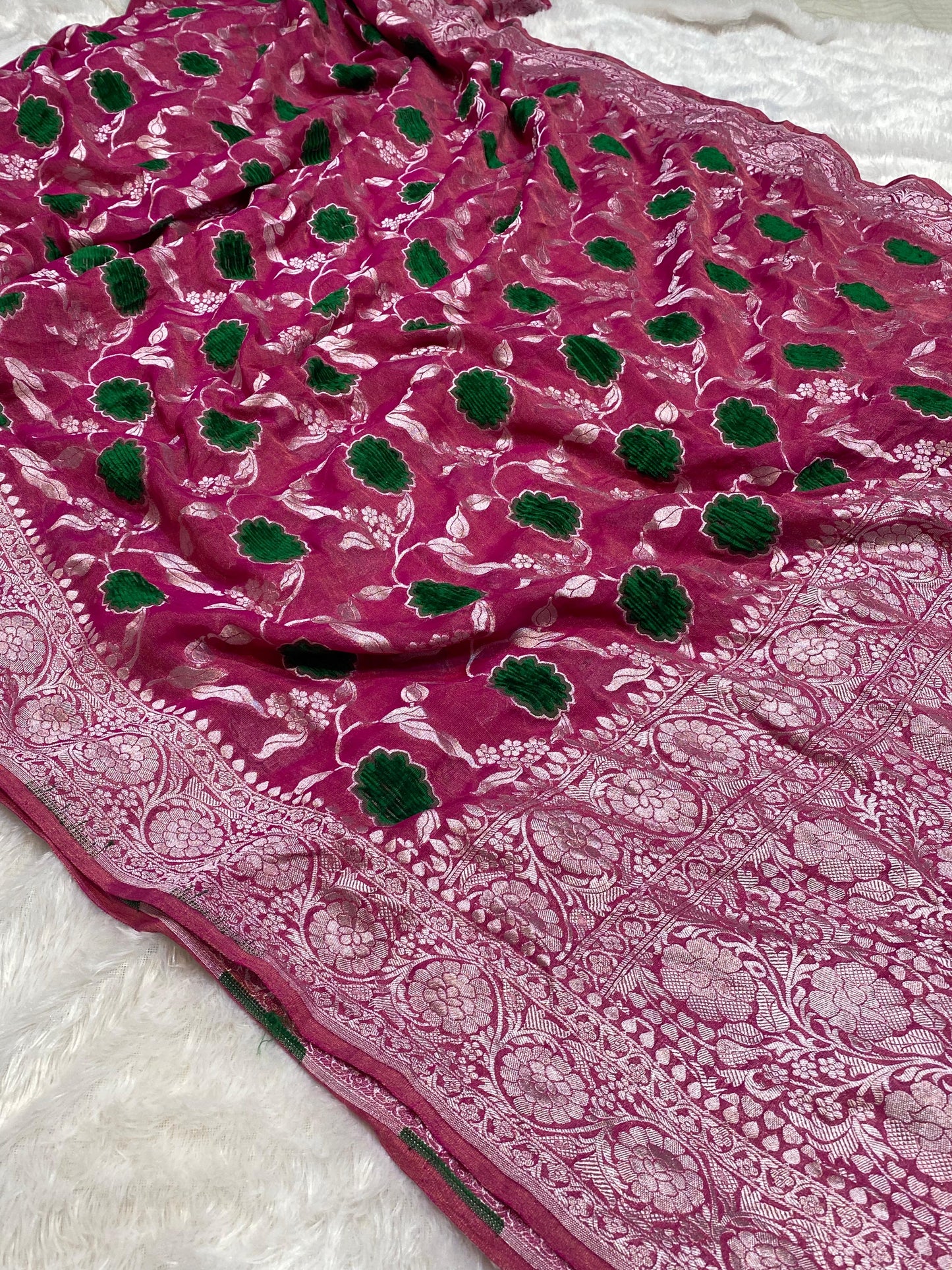 Pure Khaddi Georgette Tissue Saree With Velvet Weaving Blush Royale Pink Color [*Color Customisable]