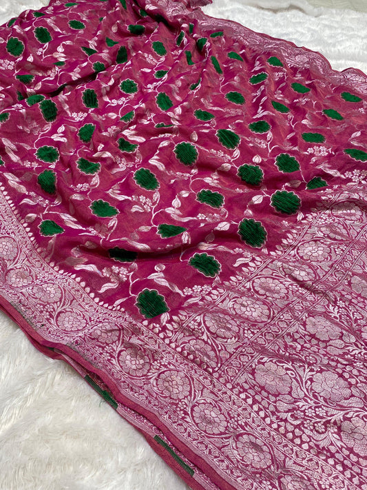 Pure Khaddi Georgette Tissue Saree With Velvet Weaving Blush Royale Pink Color [*Color Customisable]