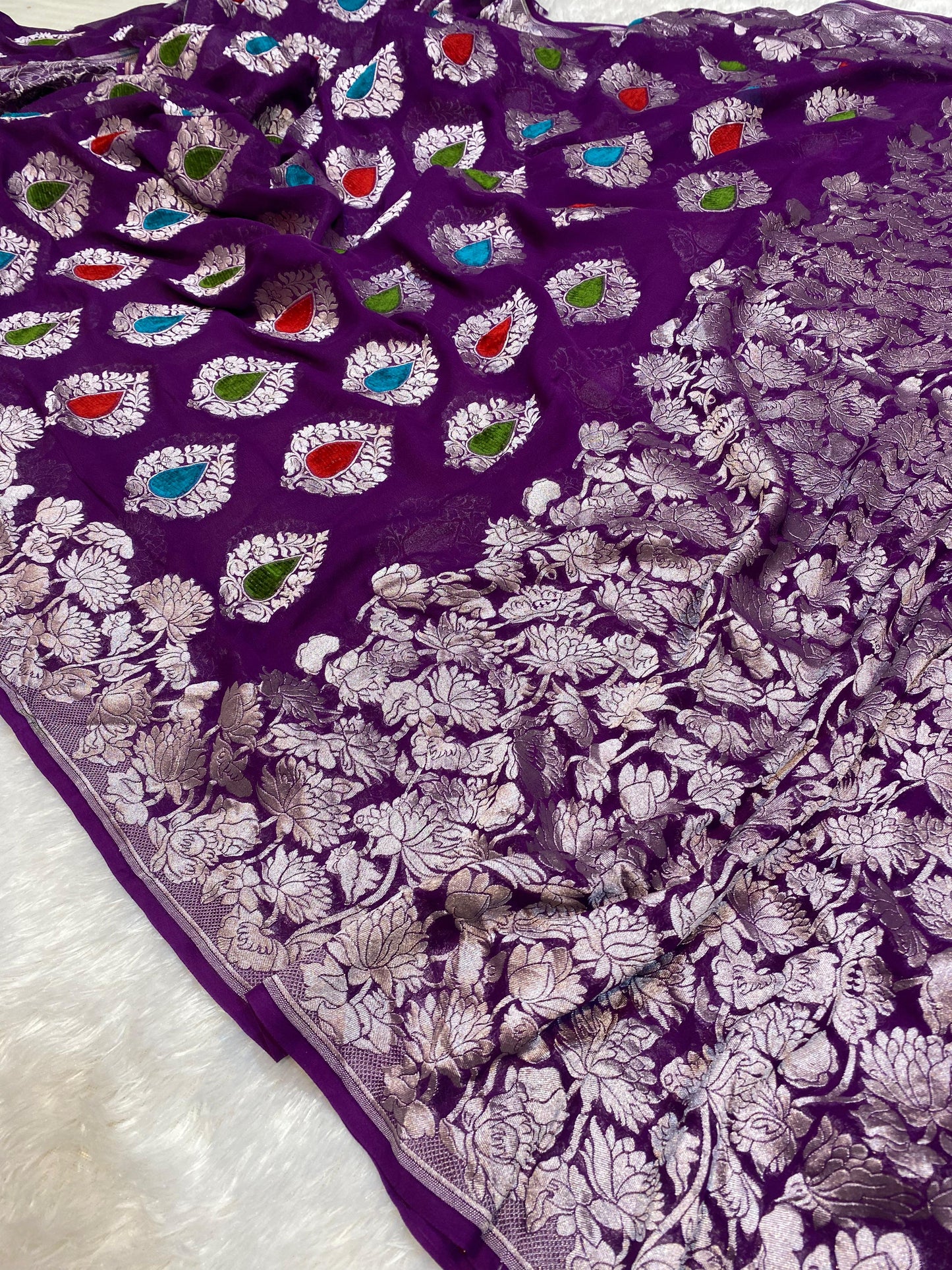 Pure Khaddi Georgette Tissue Saree With Velvet Weaving Voilet Color [*Color Customisable]