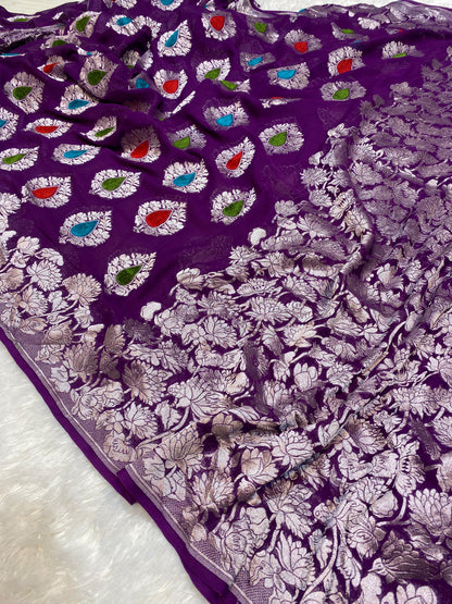 Pure Khaddi Georgette Tissue Saree With Velvet Weaving Voilet Color [*Color Customisable]