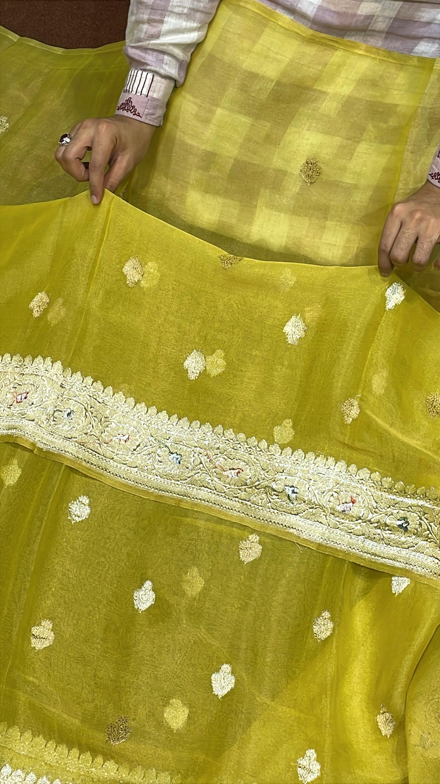 100% Authentic & Luxurious Pure Banarasi Khaddi Chiffon Tissue Saree Spring Canary Yellow Colour