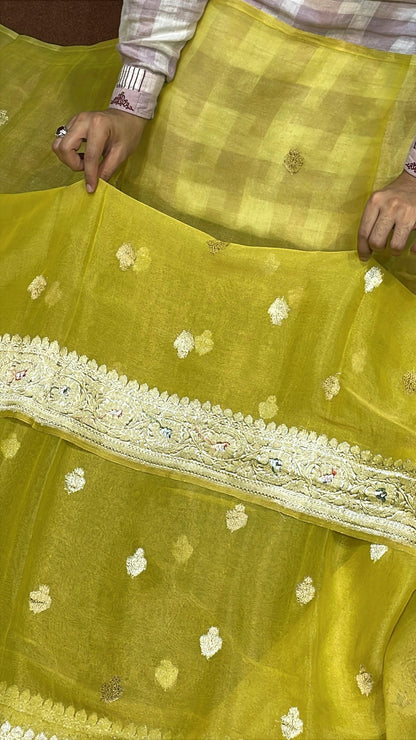 100% Authentic & Luxurious Pure Banarasi Khaddi Chiffon Tissue Saree Spring Canary Yellow Colour