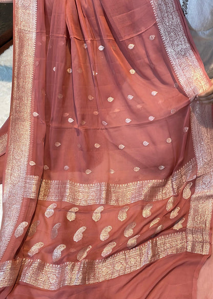 100% Pure Banarasi Khaddi Chiffon Silver Zari Kadwa Buti Handloom Saree Dusty Copper Color