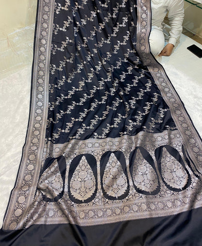 Mashru Silk Saree Black Maharani Color With Floral Border MSW29