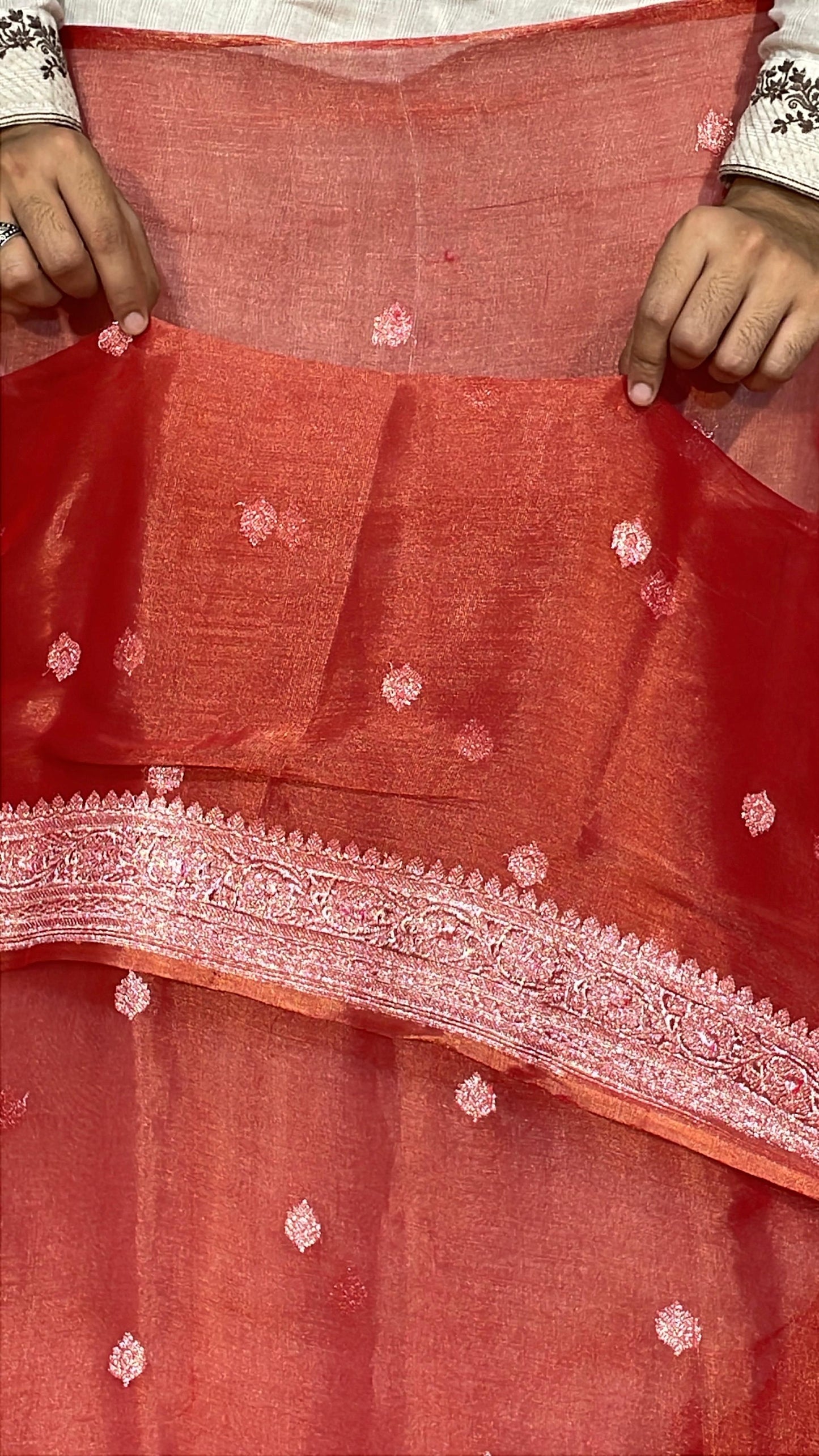 100% Authentic & Luxurious Pure Banarasi Khaddi Chiffon Tissue Saree Rust Red Colour