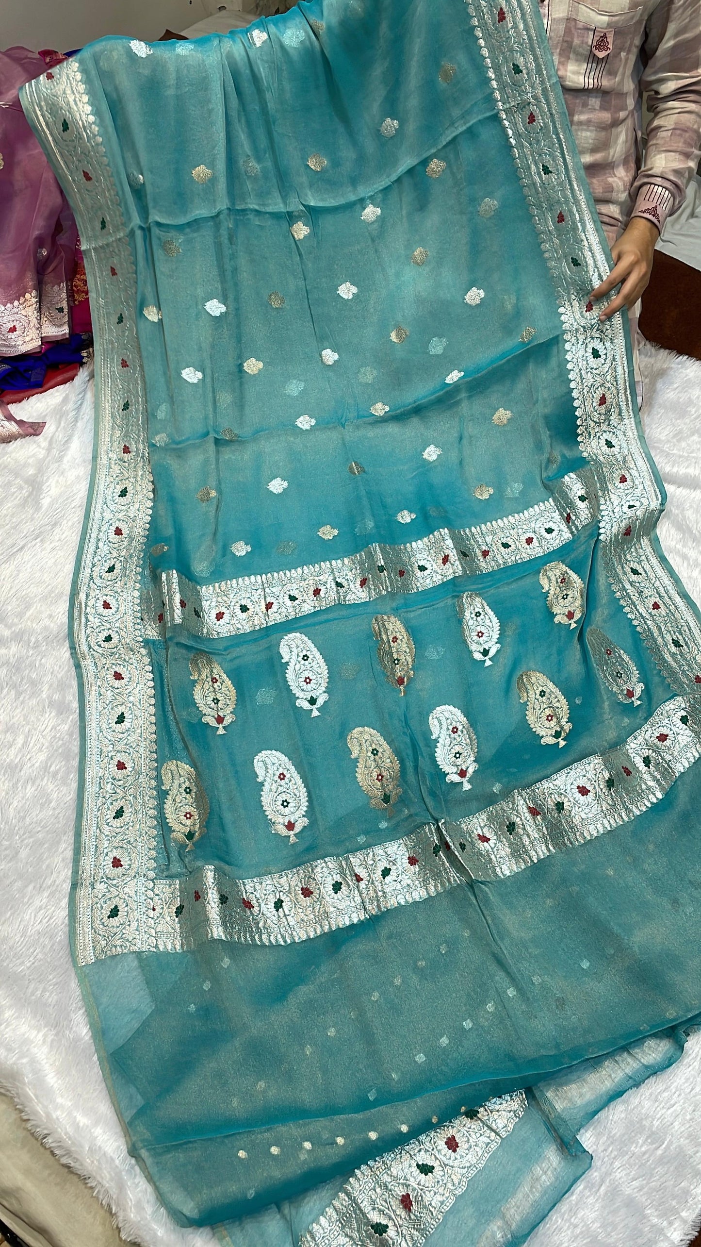 100% Authentic & Luxurious Pure Banarasi Khaddi Chiffon Tissue Saree Emerald Aqua Grace Colour