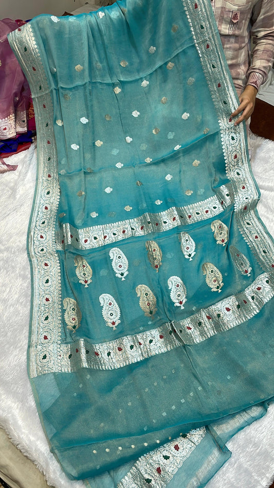 100% Authentic & Luxurious Pure Banarasi Khaddi Chiffon Tissue Saree Emerald Aqua Grace Colour