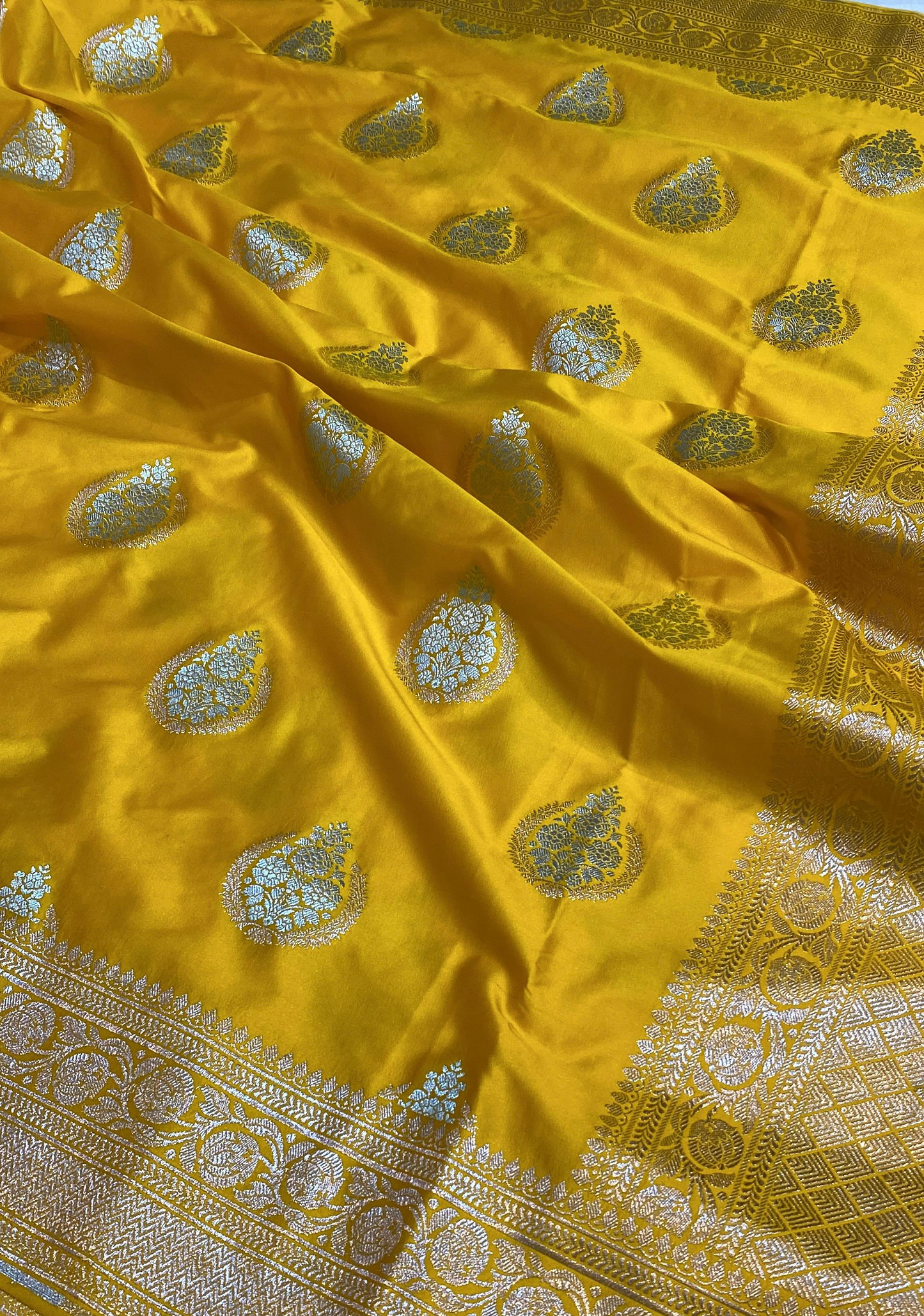 Mashru Silk Saree Golden Yellow Color With Floral Border Buta Sona Rupa Zari MSW31