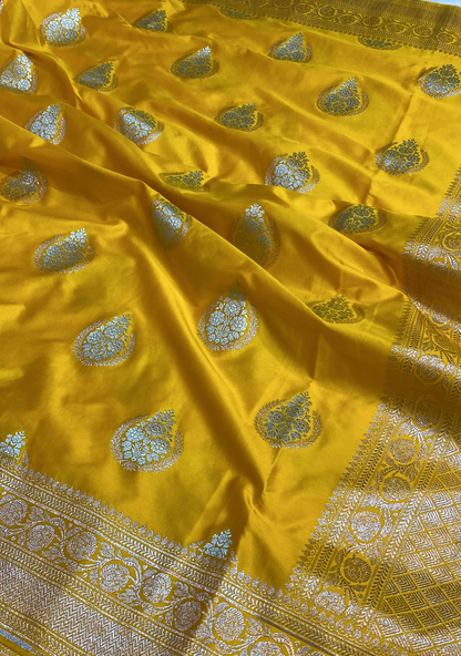 Mashru Silk Saree Golden Yellow Color With Floral Border Buta Sona Rupa Zari MSW31