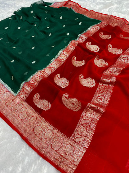 100% Pure Banarasi Khaddi Chiffon Silver Zari Kadwa Buti Handloom Saree Bottle Green with Red Colour