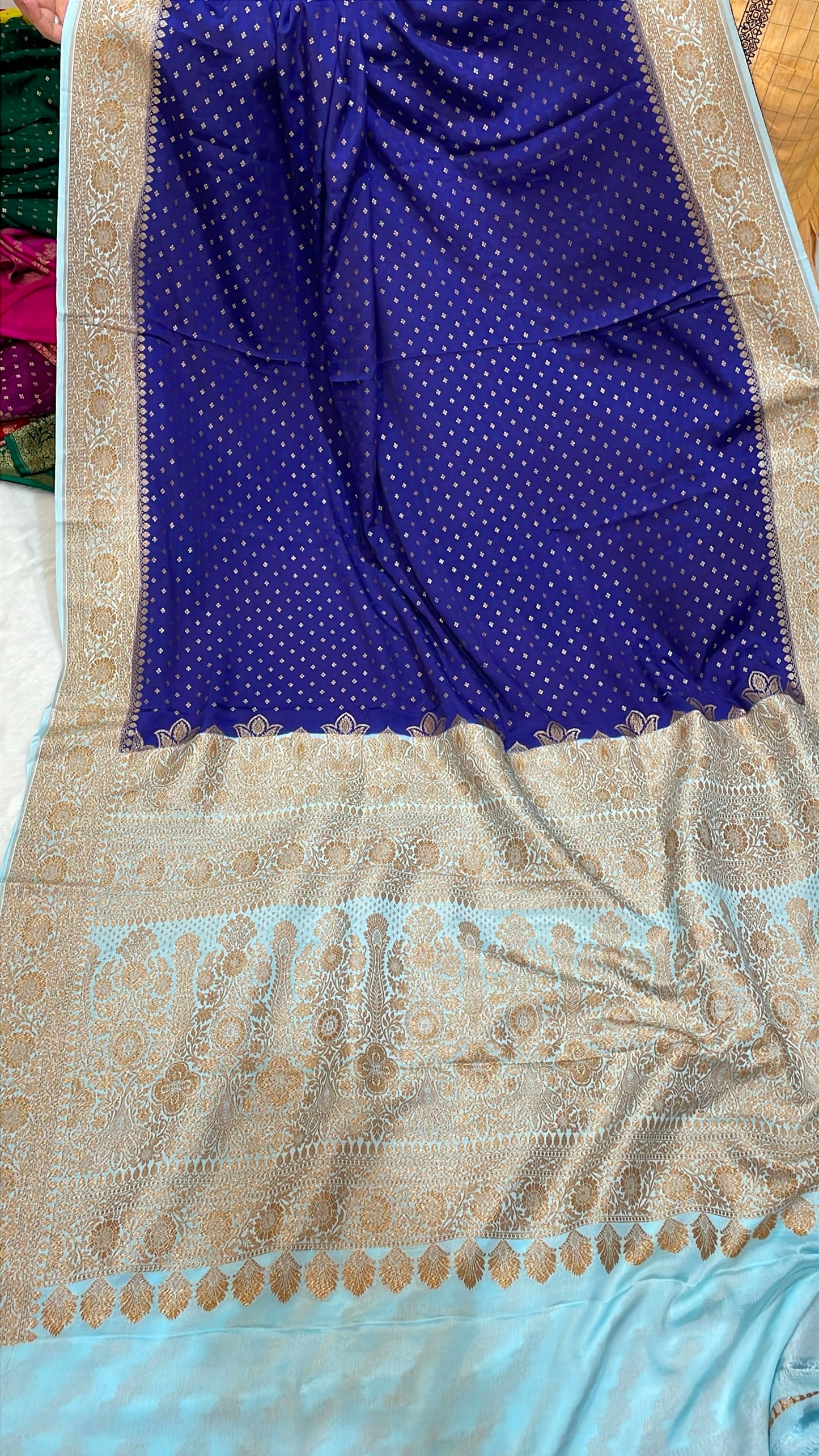 Pure Banarasi Khaddi Crape Silk Handloom Saree with Traditional Corners Navy Blue With Sky Color