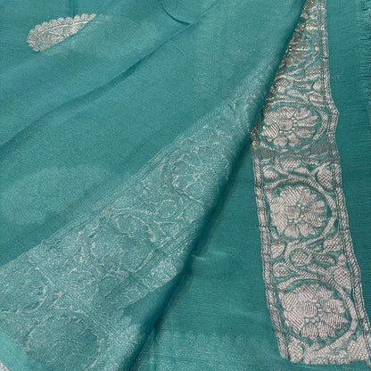 100% Pure Banarasi Khaddi Chiffon Silver Zari Kadwa Buti Handloom Saree Dusty Sea Green Colour