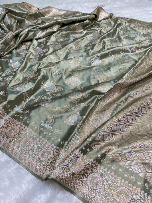 Mashru Silk Saree Ash Grey Color With Floral Border Sona Rupa Zari Mina Jaal Pattern MSW40