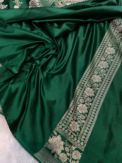 Mashru Silk Saree Bottle Green Color Sona Rupa Zari Buta Border