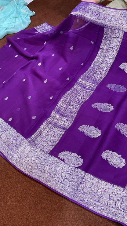 100% Pure Banarasi Khaddi Chiffon Silver Zari Kadwa Buti Handloom Saree Purple Colour