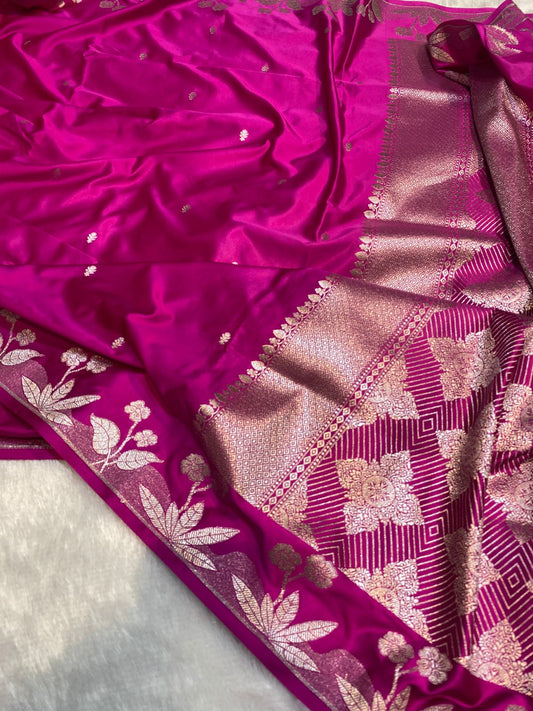 Mashru Silk Saree Magenta Pink Color With Floral Border All Over Flower Booti MSW-107