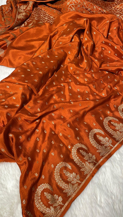 Pure Banarasi Khaddi Crape Silk Handloom Saree Rusty Orange Color
