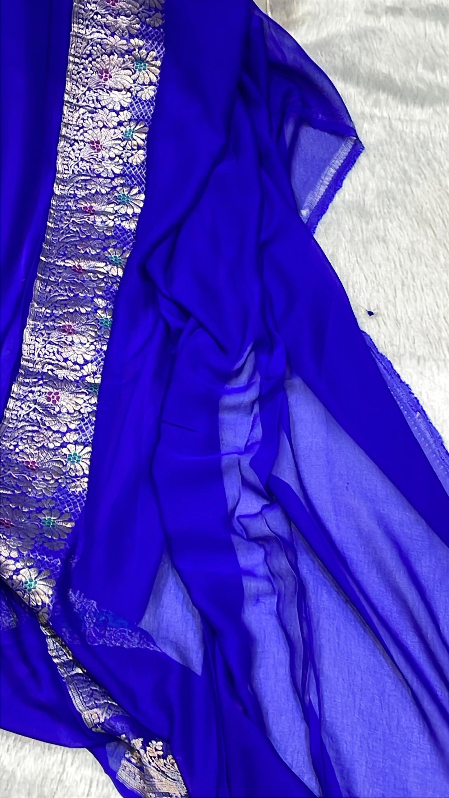 100% Authentic & Luxurious Pure Banarasi Khaddi Chiffon Georgette Saree Orchid Blue Color