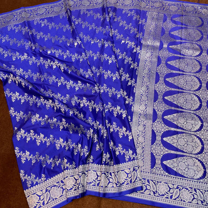 Royal Blue Mashru Silk Banarasi Saree Allover Water Gold Zari Weaving
