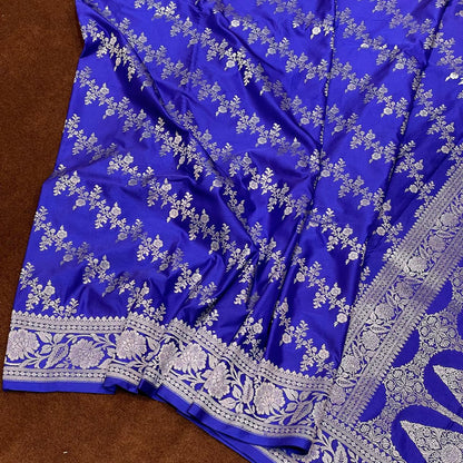 Royal Blue Mashru Silk Banarasi Saree Allover Water Gold Zari Weaving
